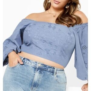 City Chic Plus 26 4X Blue Floral Embroidered‎ Off Shoulder Crop Top Boho Blouse